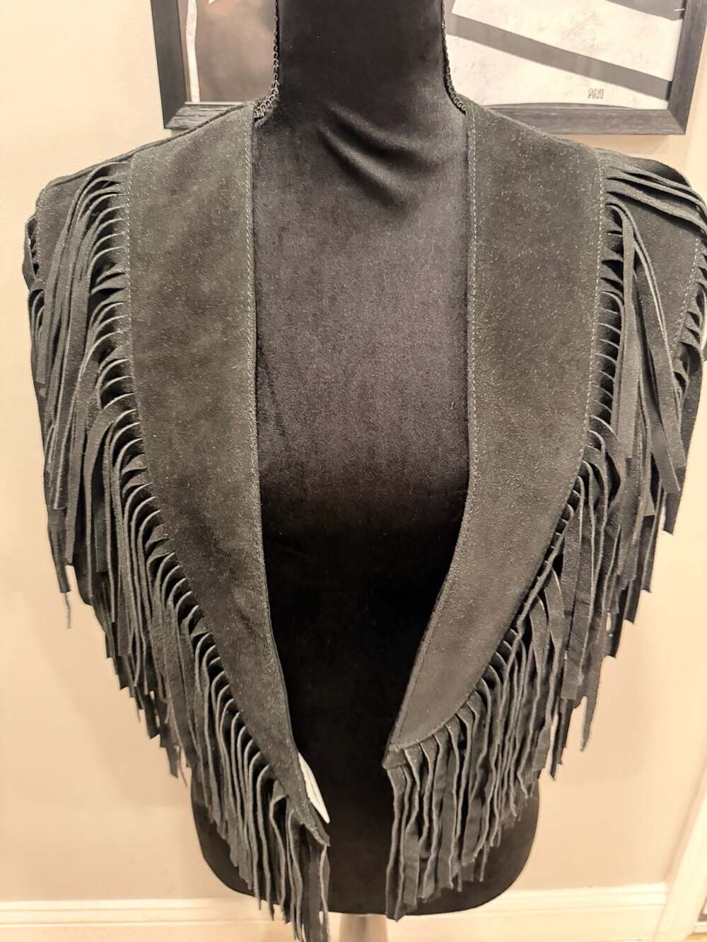 Free People Black Suede Western Fringe Shawl Vest (one size)
